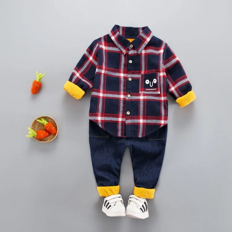 2Pcs/Sets Thick Plush Lined Velvet Plaid Shirt & Pants Suits For Toddlers