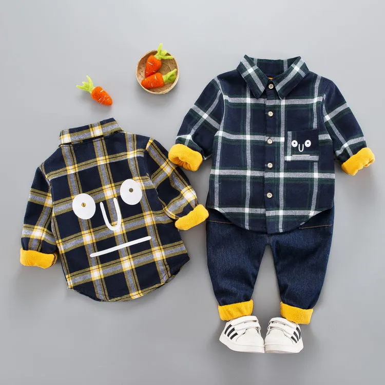 2Pcs/Sets Thick Plush Lined Velvet Plaid Shirt & Pants Suits For Toddlers