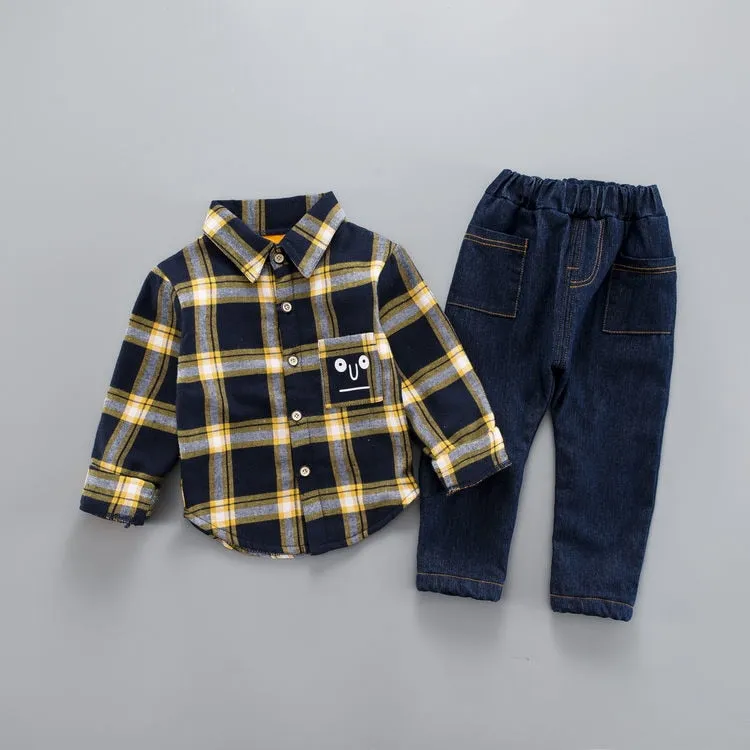 2Pcs/Sets Thick Plush Lined Velvet Plaid Shirt & Pants Suits For Toddlers