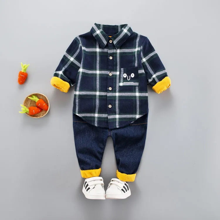 2Pcs/Sets Thick Plush Lined Velvet Plaid Shirt & Pants Suits For Toddlers