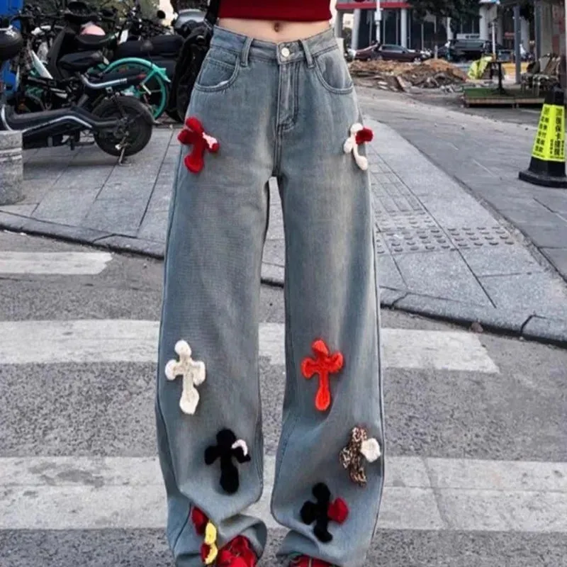 Advbridge Y2k Cross Print Straight Jeans Retro High Waist Denim Pant Casual Oversized  Baggy Trousers High Street Plush Pants For Women