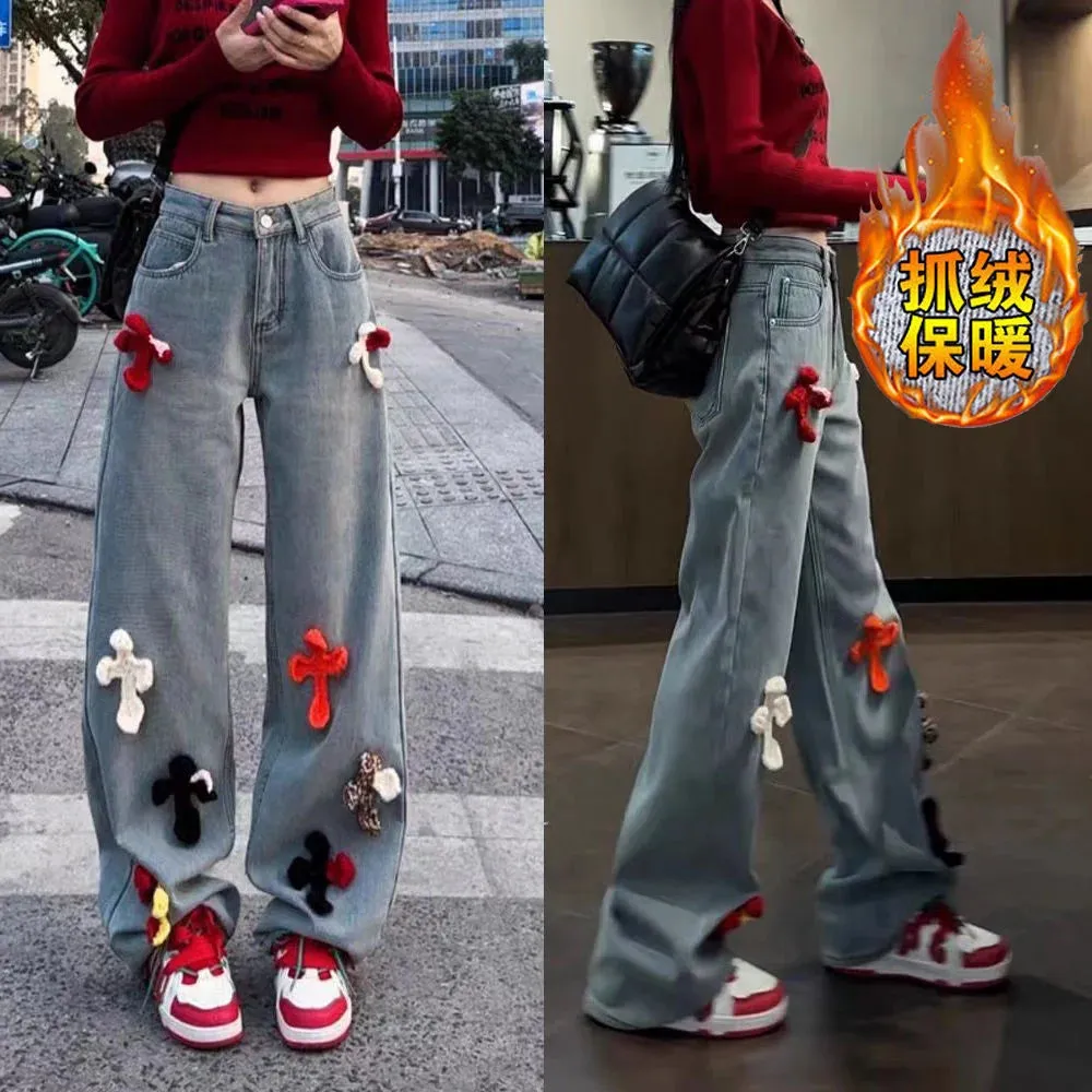 Advbridge Y2k Cross Print Straight Jeans Retro High Waist Denim Pant Casual Oversized  Baggy Trousers High Street Plush Pants For Women