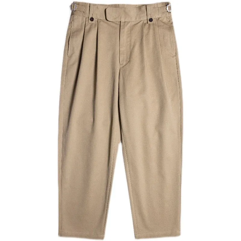 Ankle Length Double Pleated Pants Retro Men Cropped Trousers