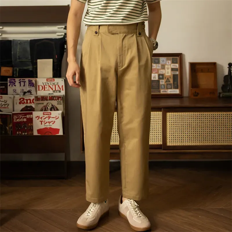 Ankle Length Double Pleated Pants Retro Men Cropped Trousers