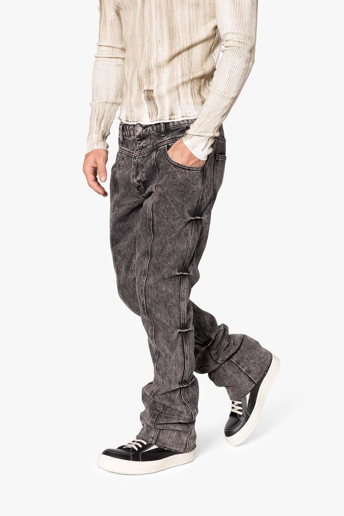 B648 Side Pinned Flare Denim - Washed Black