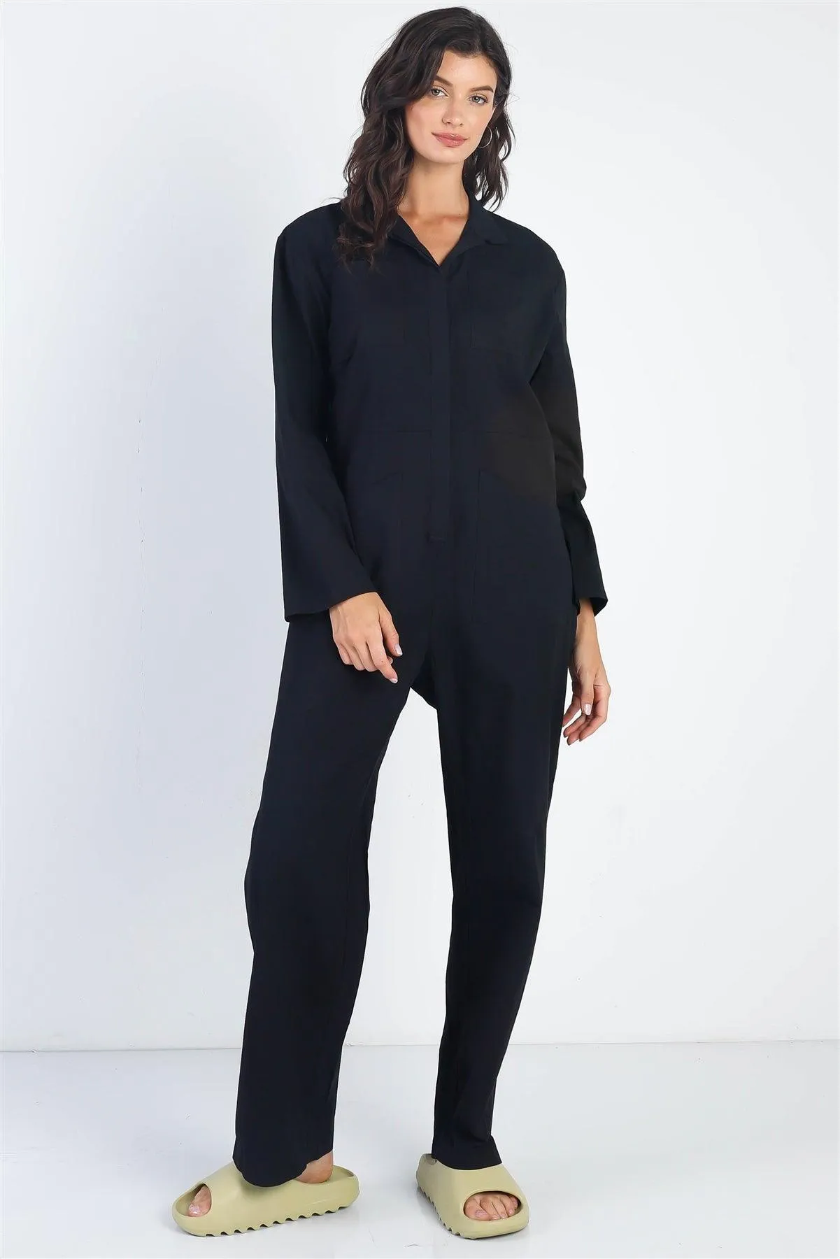 Black Collared Button-Up Long Sleeve Jumpsuit /2-2-2