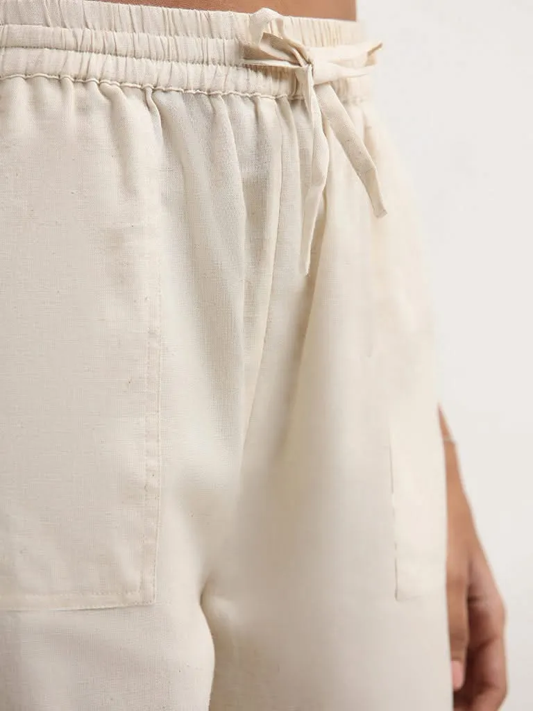 Bombay Paisley Off White Cotton Blend High-Waist Pants