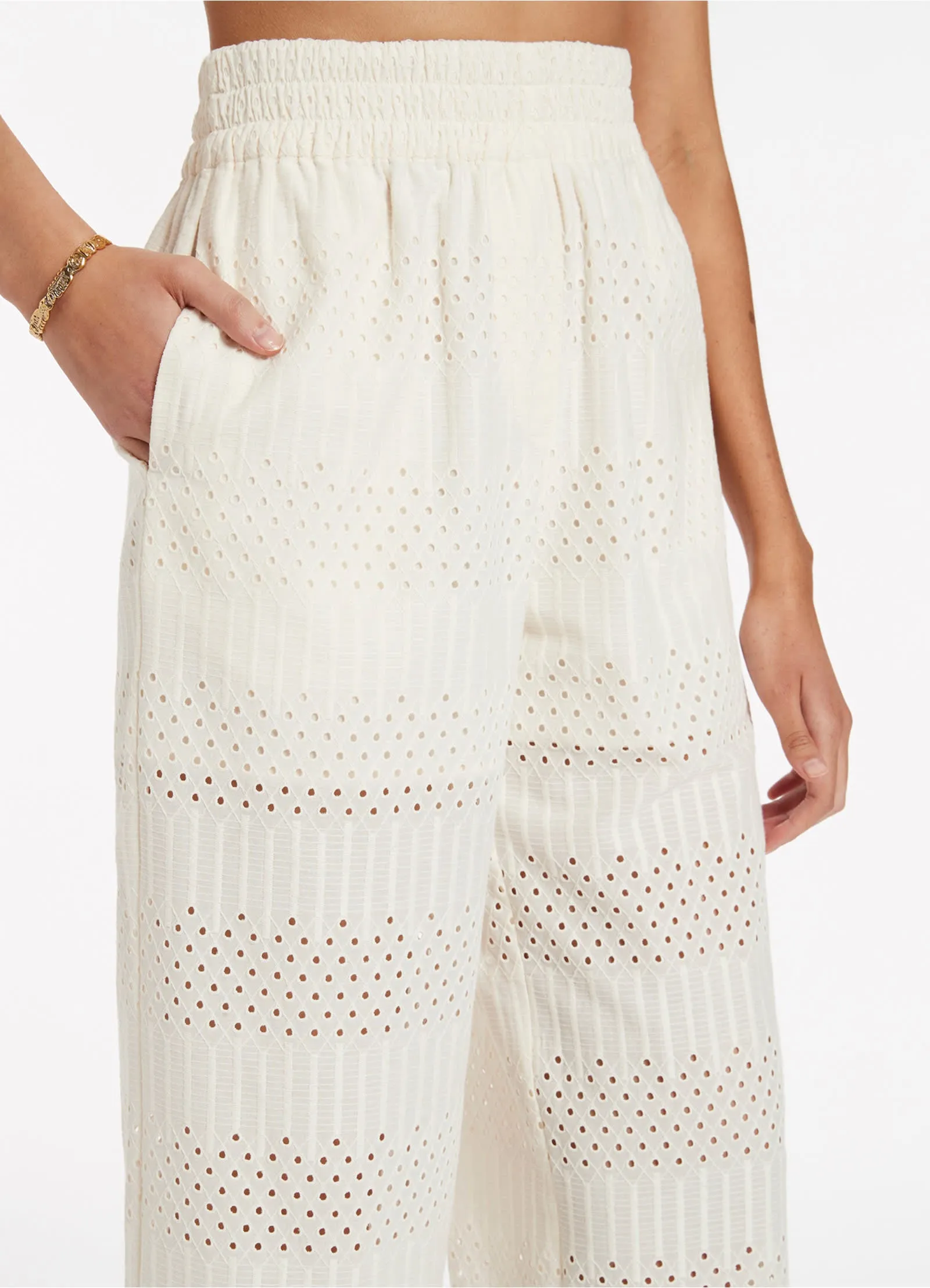 Broderie Wide Leg Pants - Cream