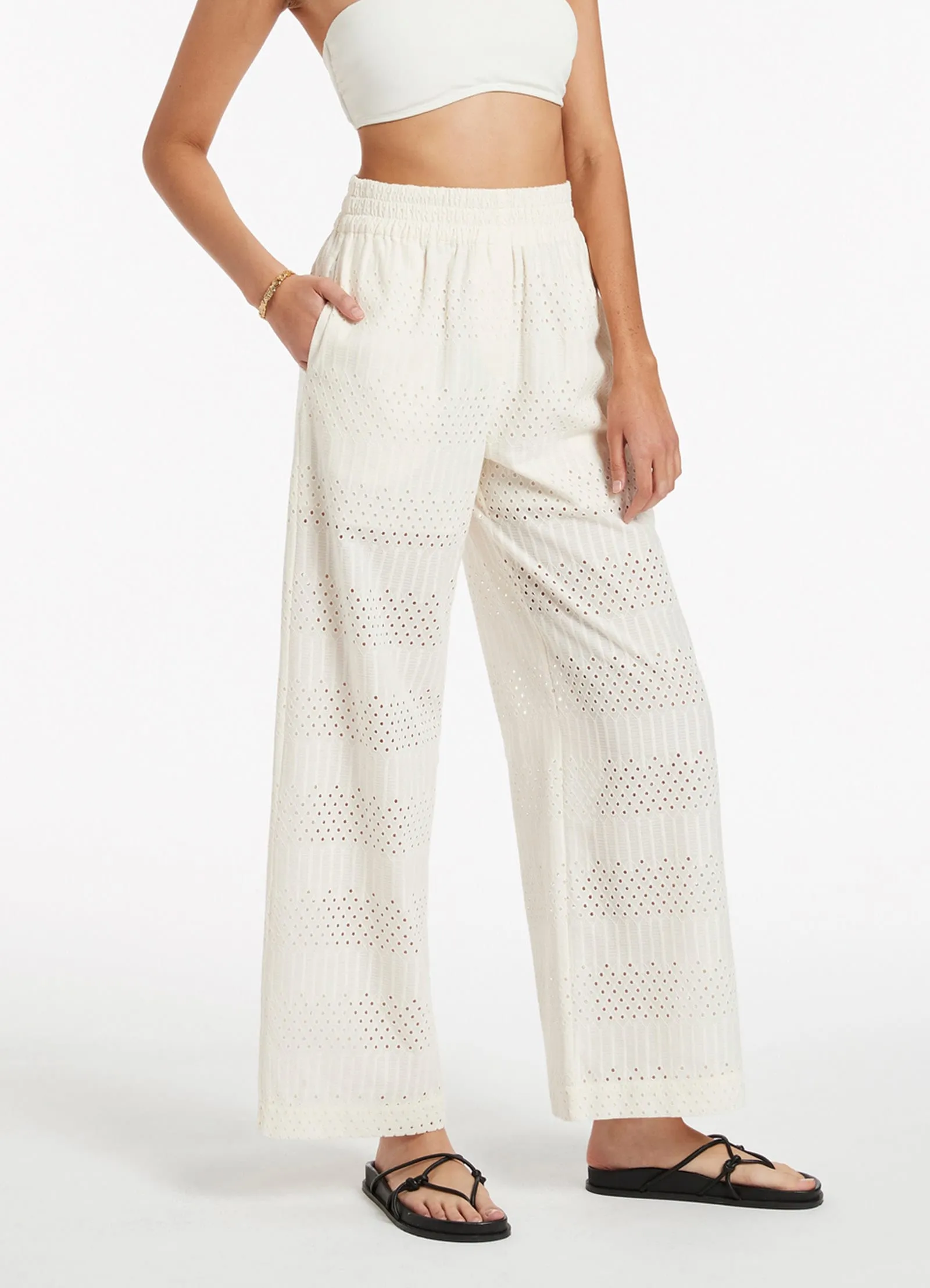 Broderie Wide Leg Pants - Cream