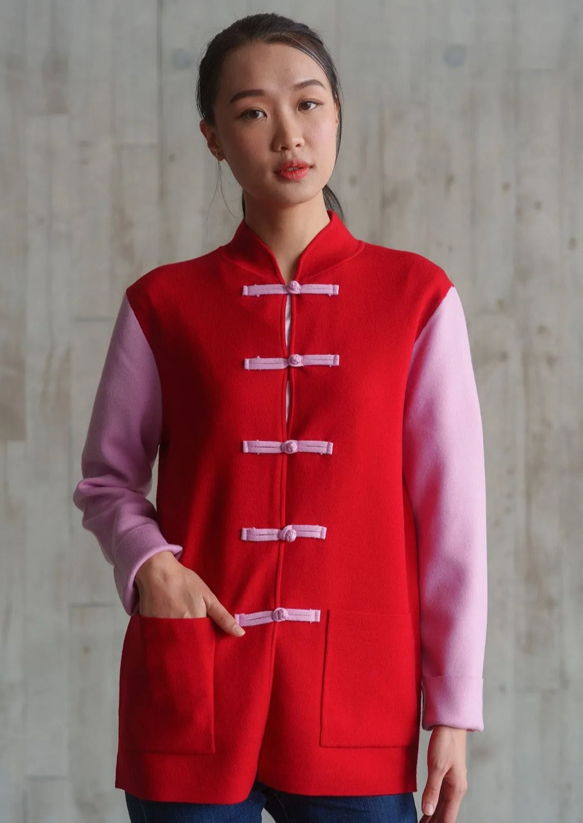 Color-Block Knit Tang Jacket (Red/ Pink)