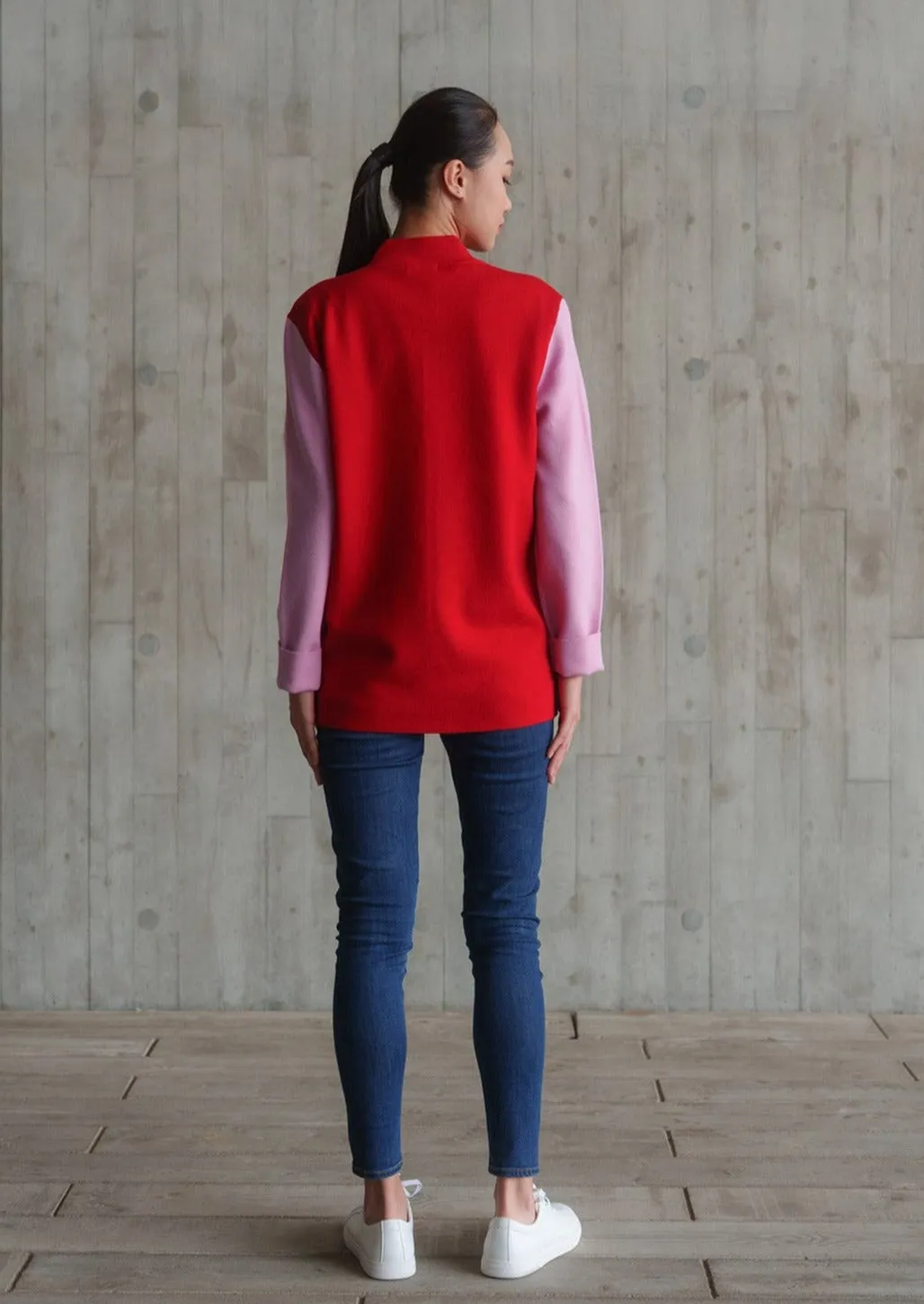 Color-Block Knit Tang Jacket (Red/ Pink)