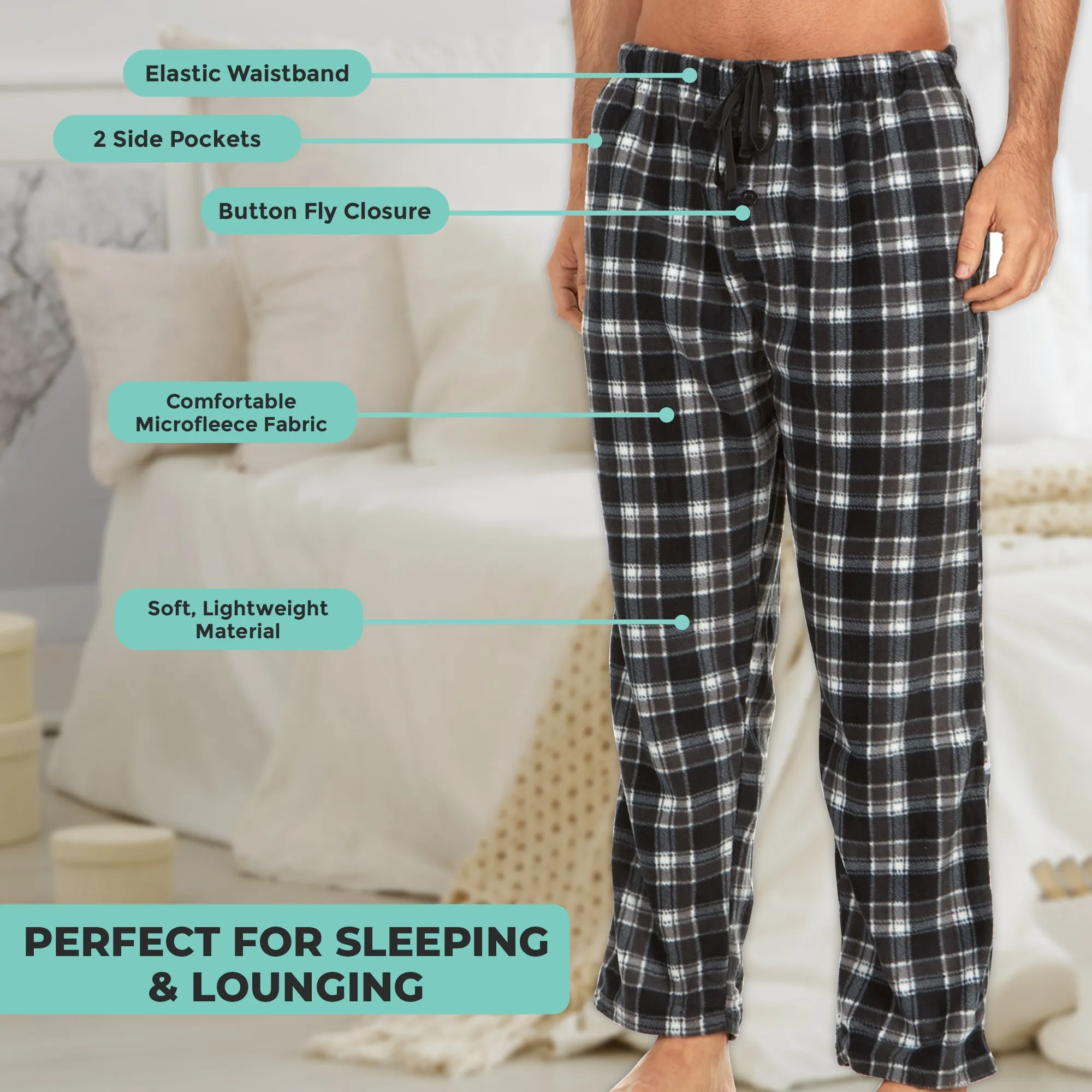 DARESAY Men Pajama Pants - Men's Microfleece Nighty Multipack PJ Pants with Pockets, Sleepwear or Lounge Pants for Men