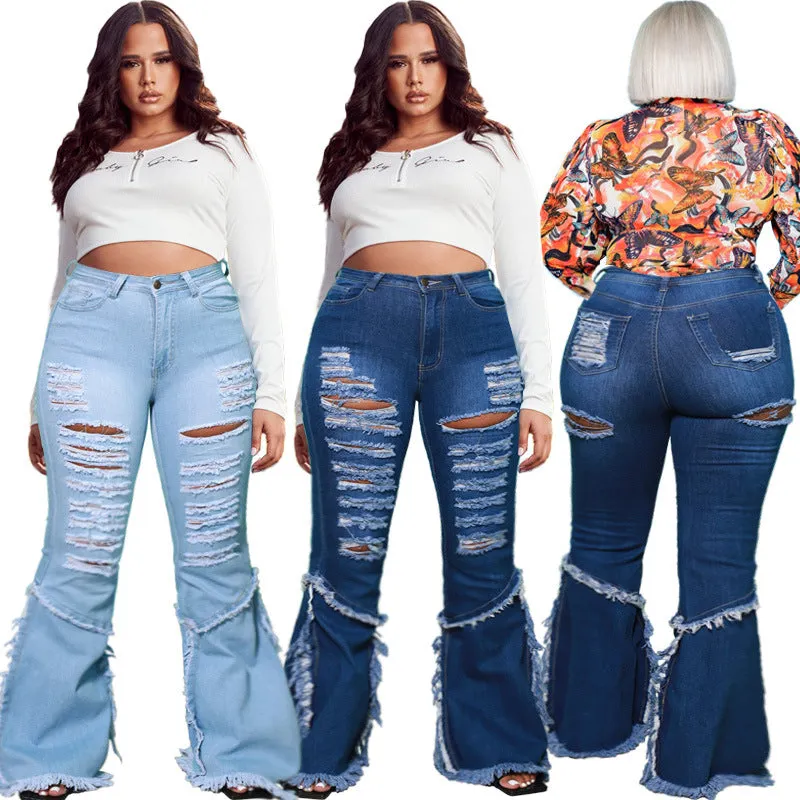 Fashion flared fringed PLUS jeans（AY1648）