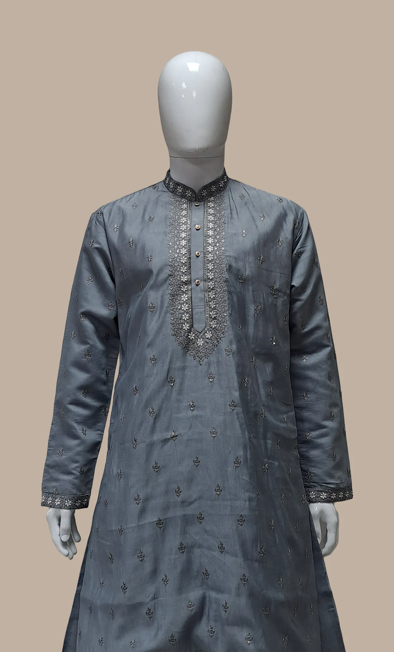 Grey Embroidered Kurta Set With Shawl