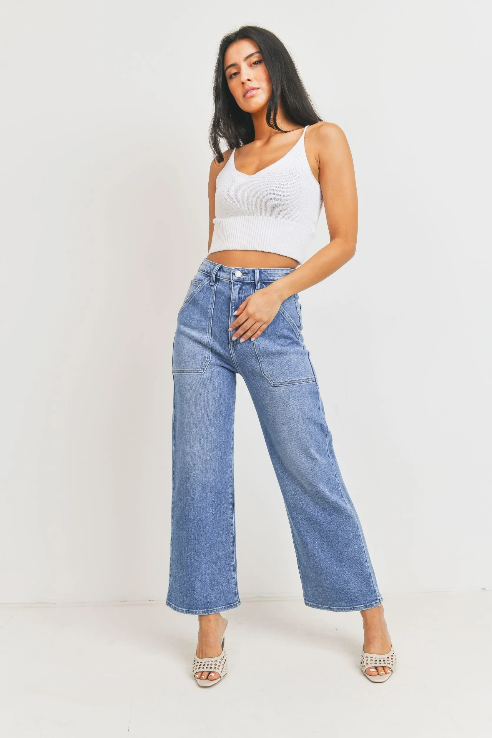 Jean taille haute poches cargo wide leg medium denim