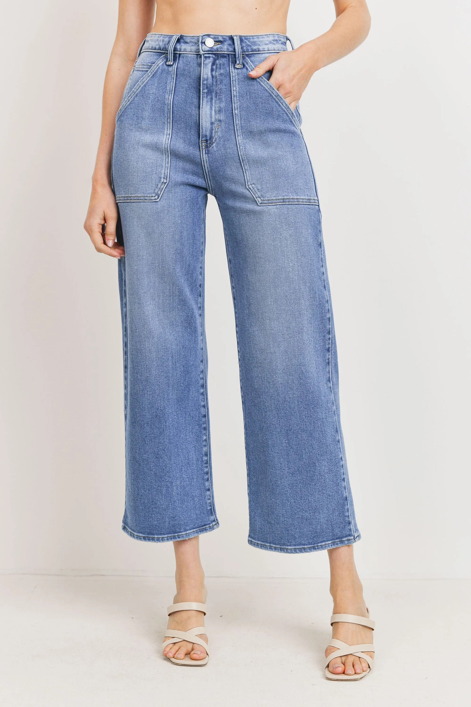 Jean taille haute poches cargo wide leg medium denim