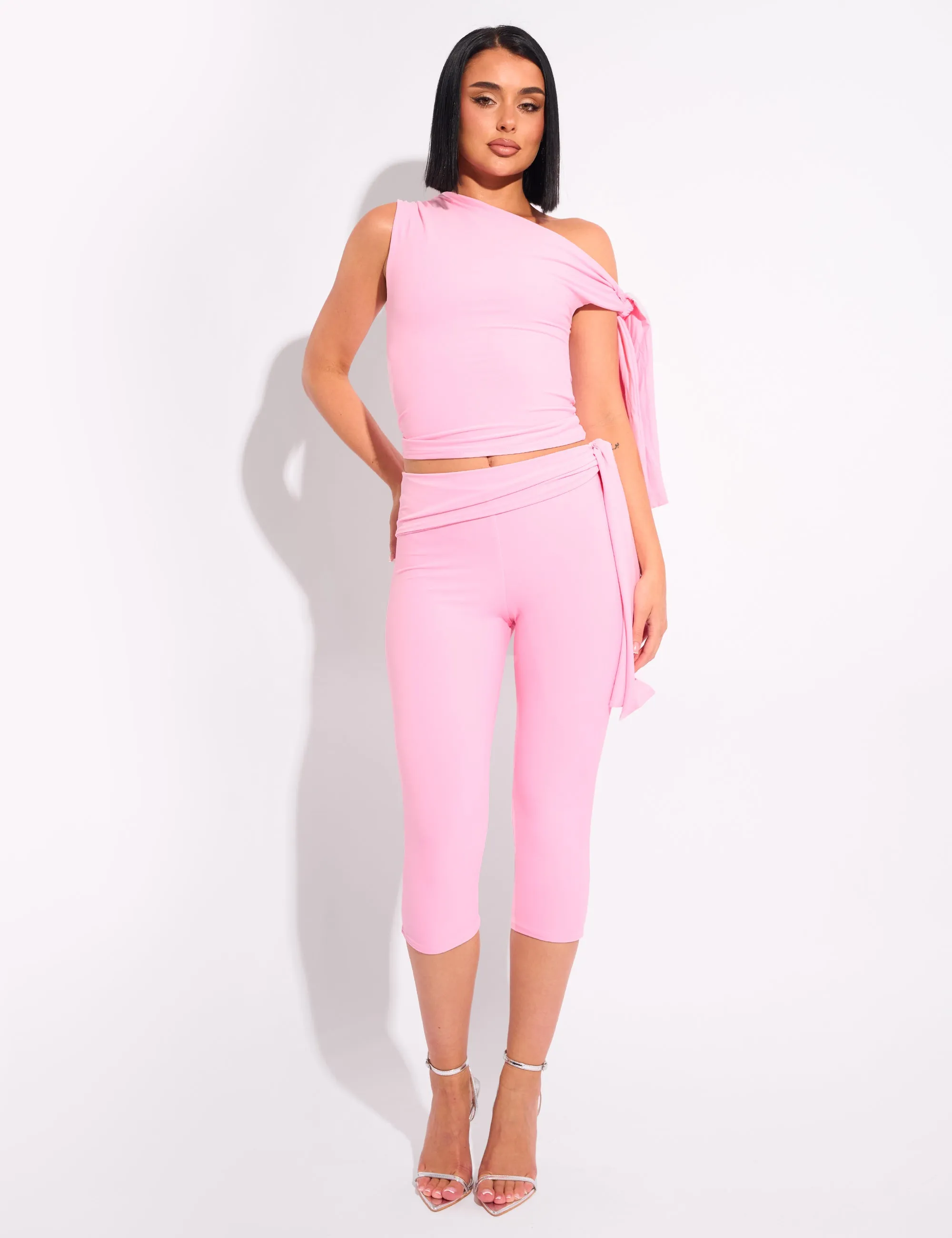 Knot Detail Tie Side Luxe Slinky Capri Pants Pink