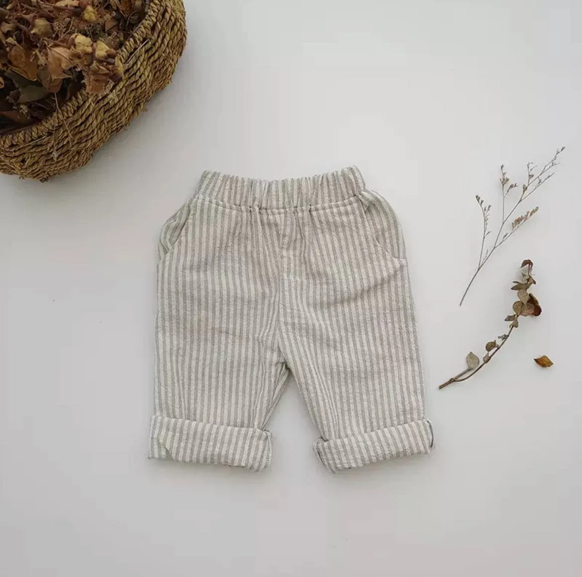 Linen Baby Pants - Beige Stripes