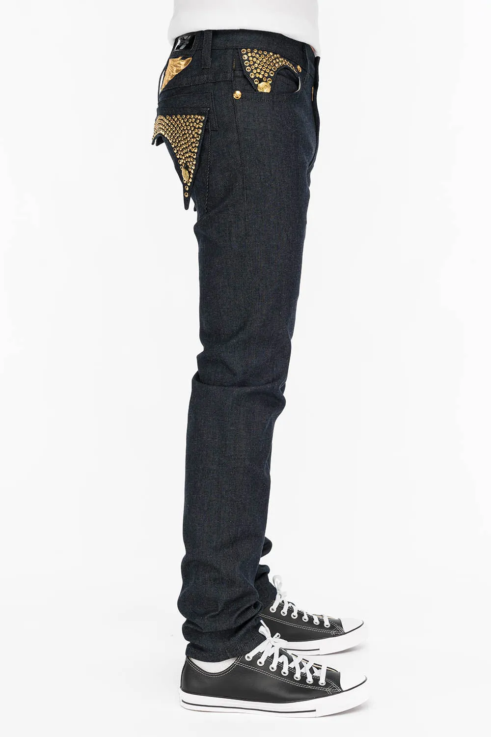 MENS RAW DENIM SLIM FIT KILLER FLAP JEANS WITH GOLD WINGS AND CRYSTALS