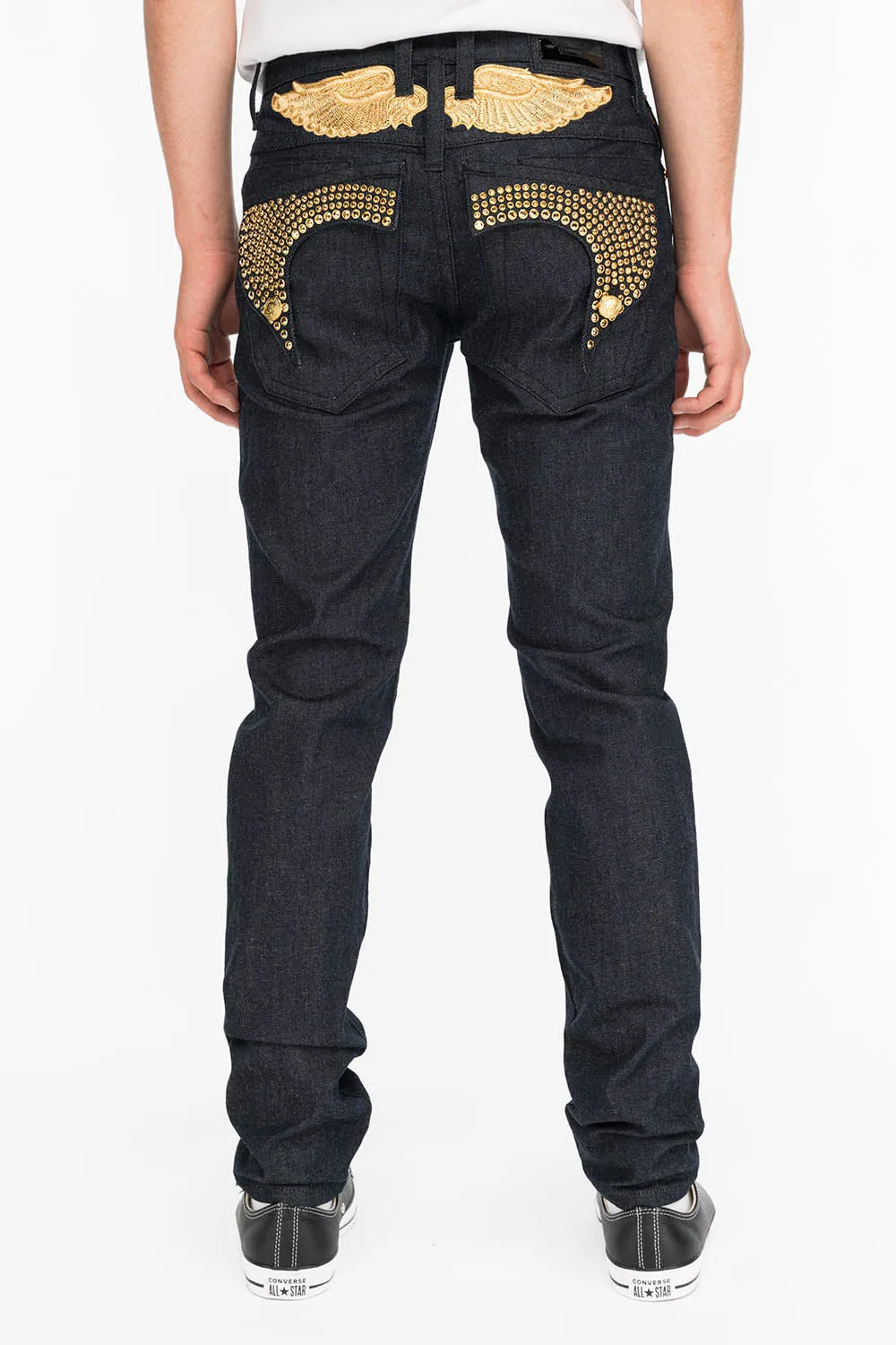 MENS RAW DENIM SLIM FIT KILLER FLAP JEANS WITH GOLD WINGS AND CRYSTALS