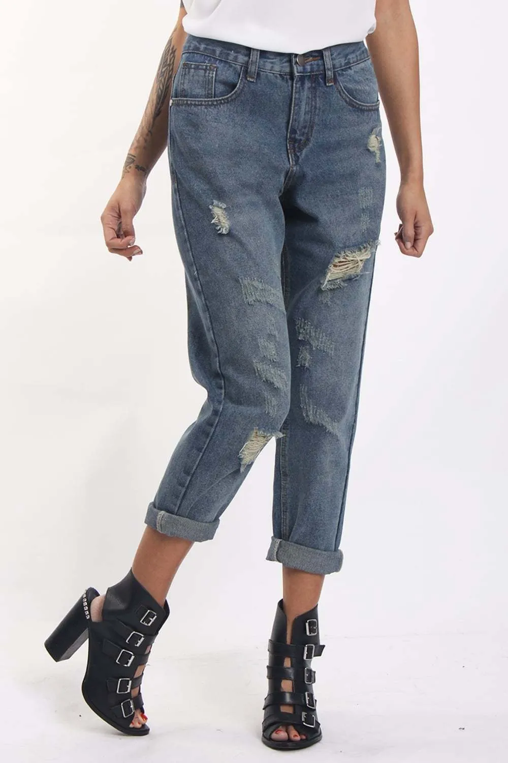 Mid Wash Blue Ripped Distressed Boyfriend Jeans