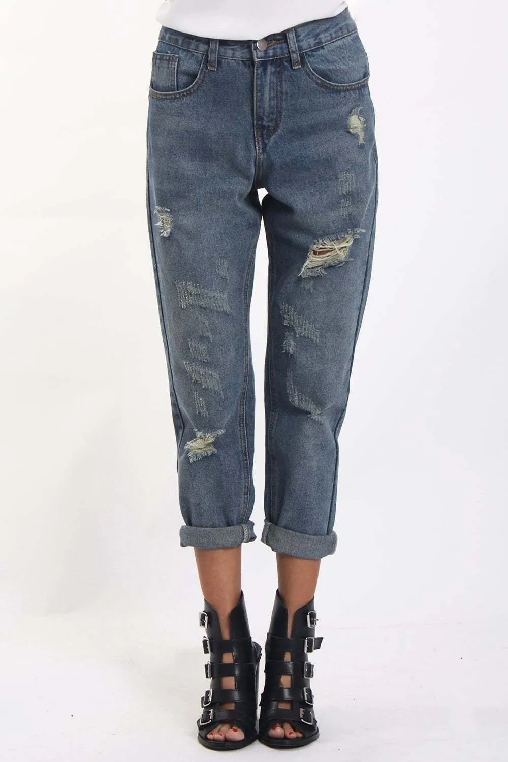 Mid Wash Blue Ripped Distressed Boyfriend Jeans