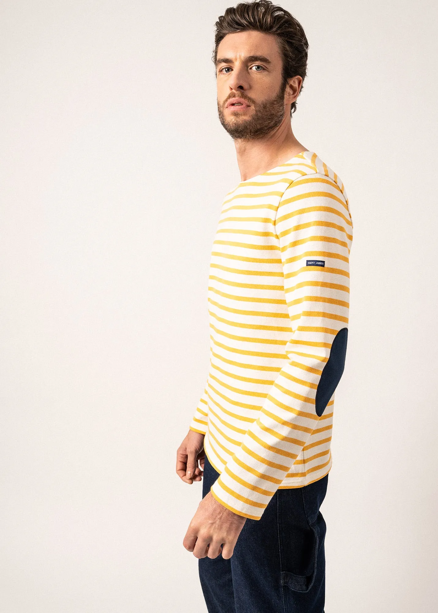 Méridien iconic sailor striped shirt with plain elbow patches - in thick cotton jersey (ECUME/AMBRE/MARINE)