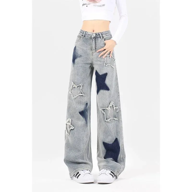 Retro Thin Trendy Wide-leg Five-point Star Raw Edge Jeans