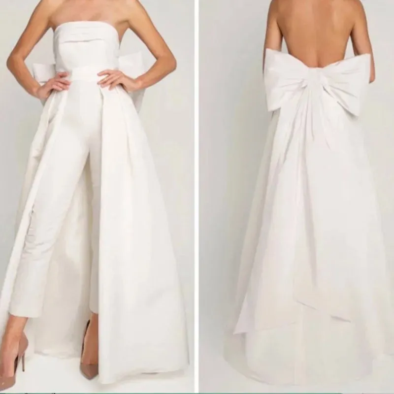 Satin Backless Strapless Jumpsuit Wedding Dress Bow Detachable Train