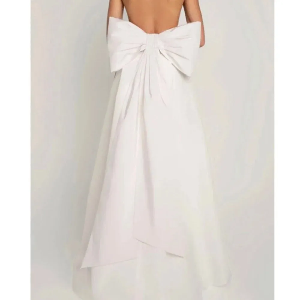 Satin Backless Strapless Jumpsuit Wedding Dress Bow Detachable Train