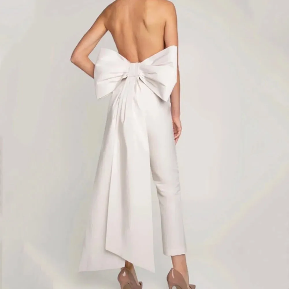 Satin Backless Strapless Jumpsuit Wedding Dress Bow Detachable Train