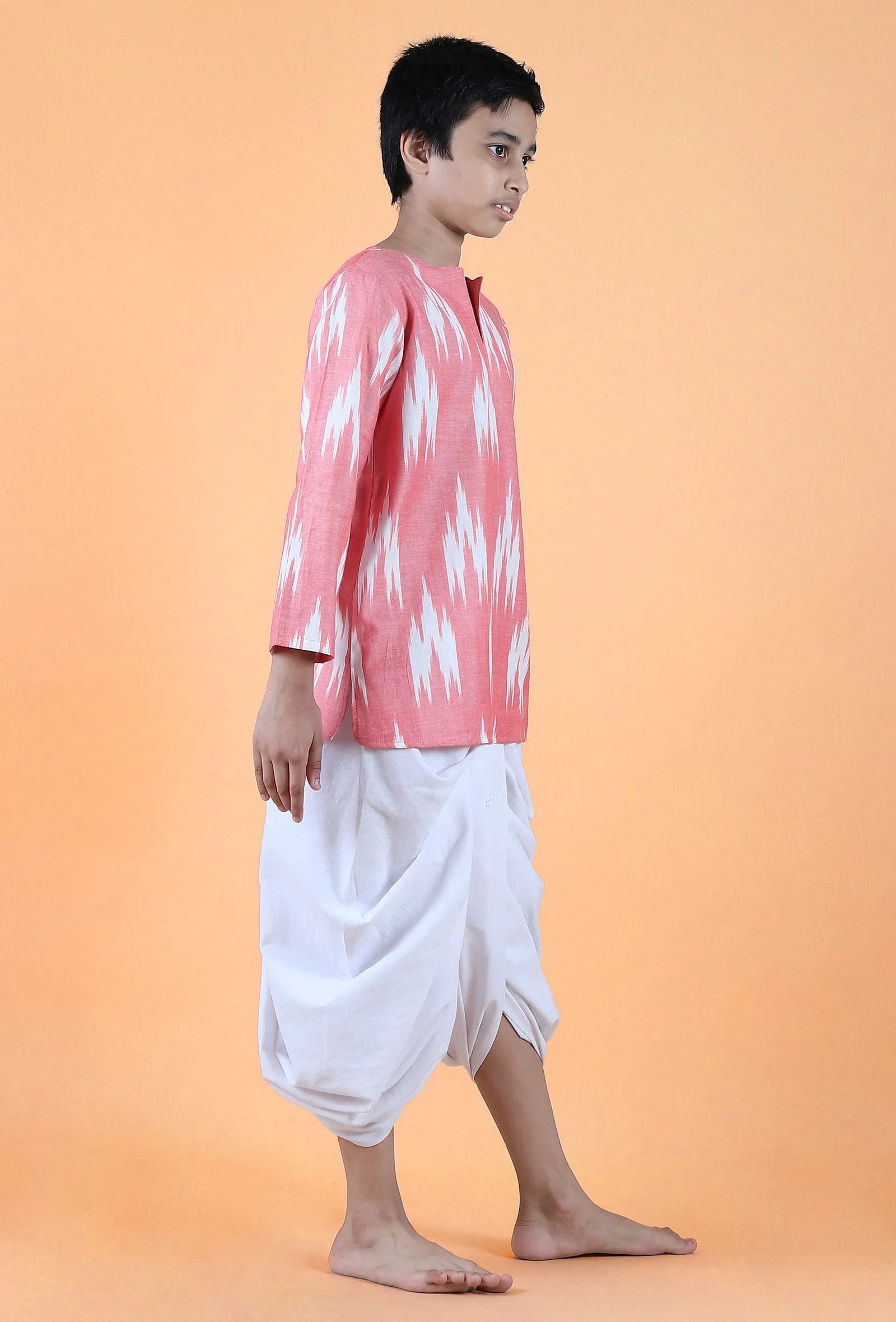 Set Of 2- Pink Ikat Cotton Kurta & White Dhoti Pants