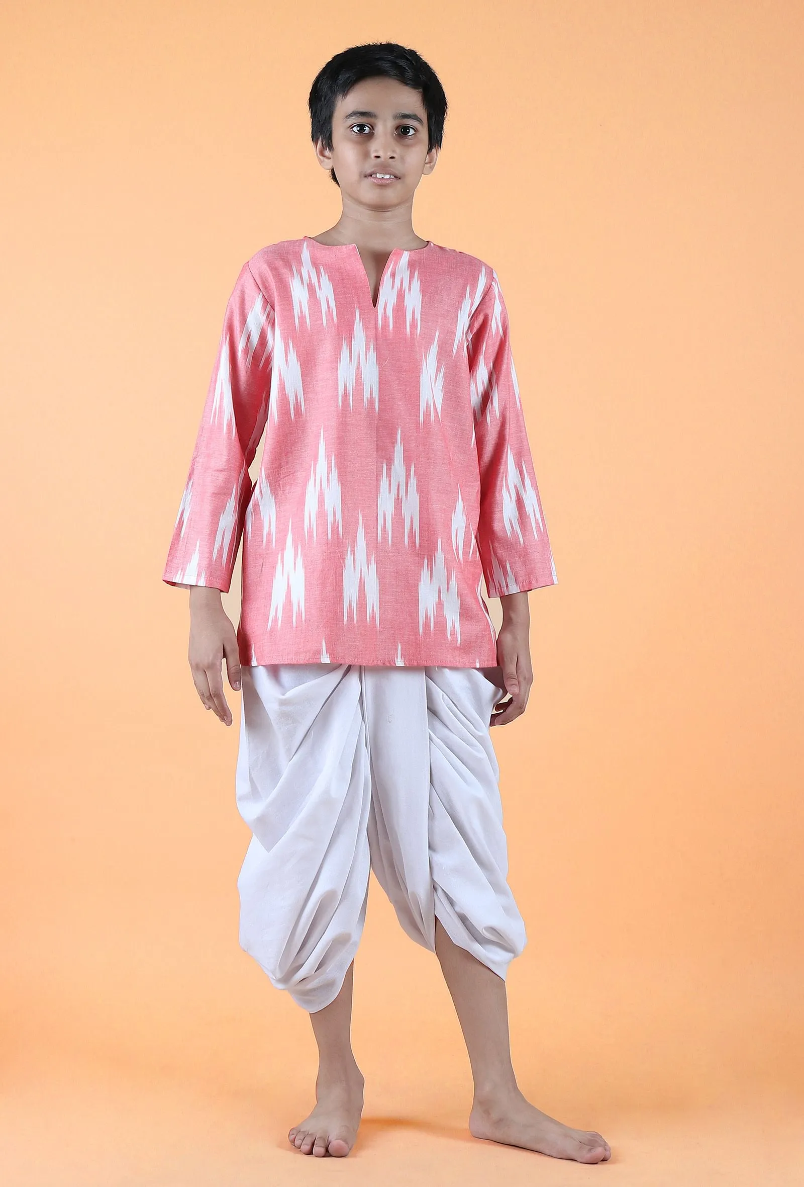 Set Of 2- Pink Ikat Cotton Kurta & White Dhoti Pants