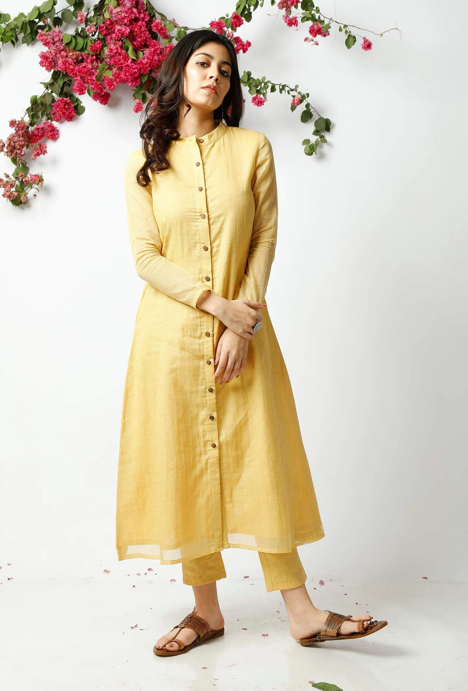 Set of 3: The Mischievious Yellow Cotton Kurta with Matching Dupatta and Pants