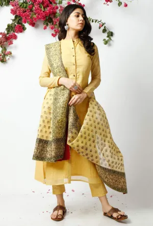 Set of 3: The Mischievious Yellow Cotton Kurta with Matching Dupatta and Pants