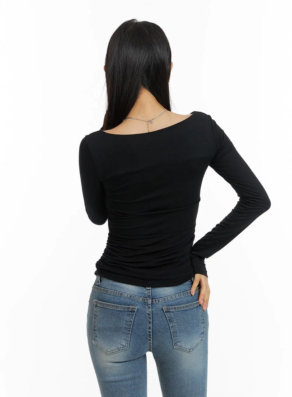 Slim Fit Shirred V-Neck Long Sleeve CM411