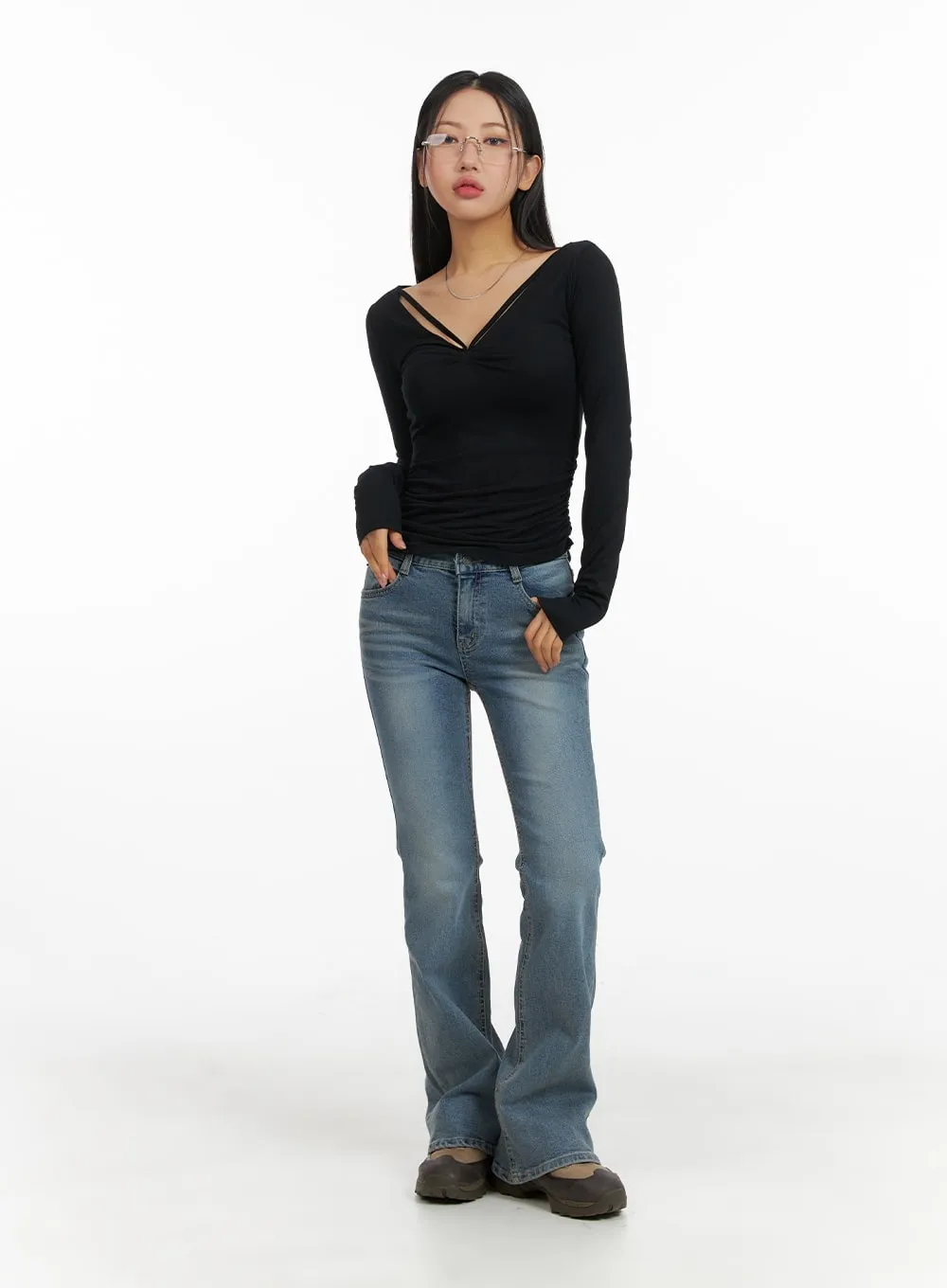 Slim Fit Shirred V-Neck Long Sleeve CM411