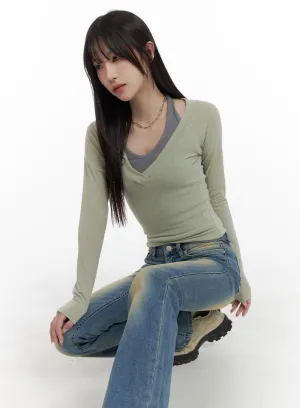 Solid V-Neck Long Sleeve Top CA402