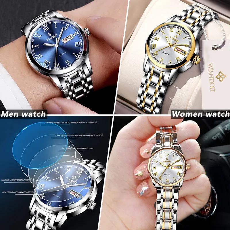 WISHDOIT Couple Watch Set Original for Men Business Women Fashion Casual Waterproof Stainless Steel Quartz Ladies Wristwatches