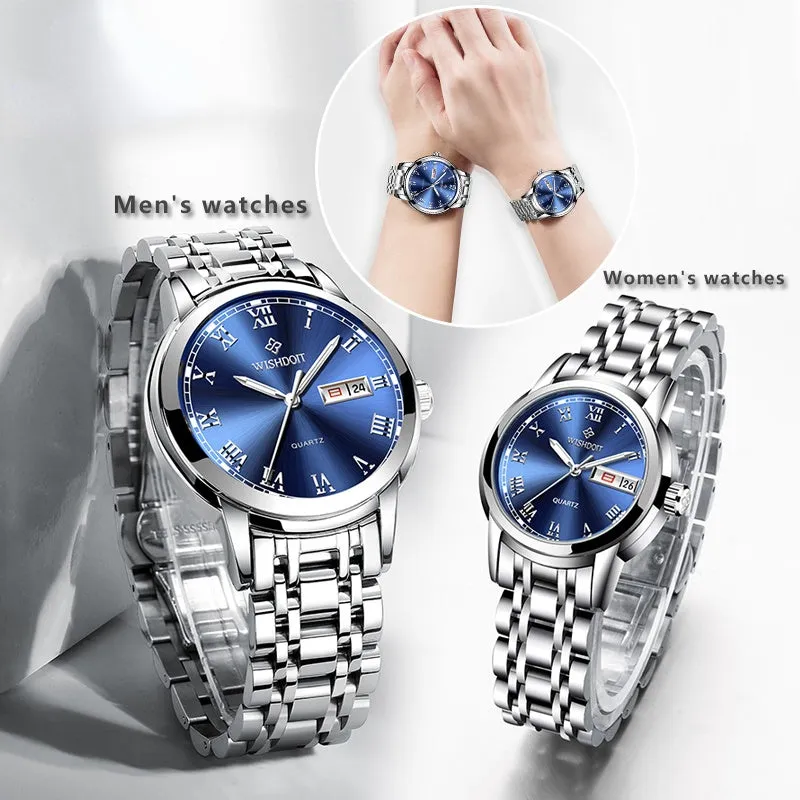 WISHDOIT Couple Watch Set Original for Men Business Women Fashion Casual Waterproof Stainless Steel Quartz Ladies Wristwatches